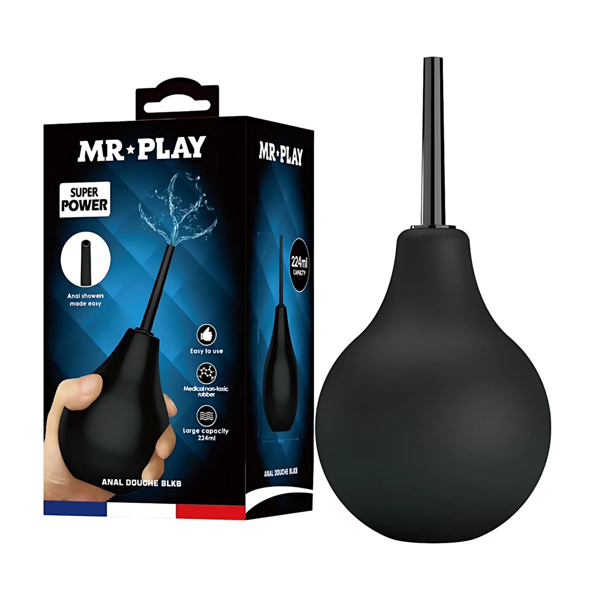 Mr. Play Anal Douche Black 7.5 fl.oz next to retail box showing 224 ml capacity and medical-grade non-toxic rubber bulb Imagen principal del producto