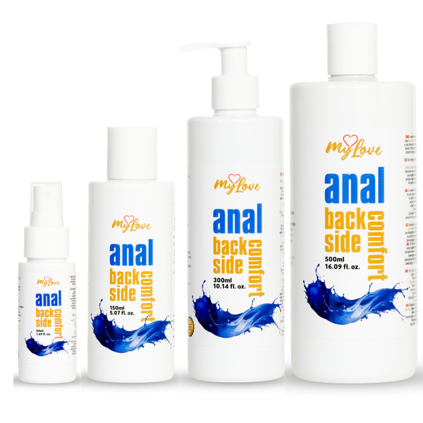 Four white bottles of MyLove Anal Back Side Comfort gel arranged side-by-side in increasing size order: 50 ml spray, 150 ml, 300 ml pump, and 500 ml. Each bottle features blue splash graphics and yellow typography.