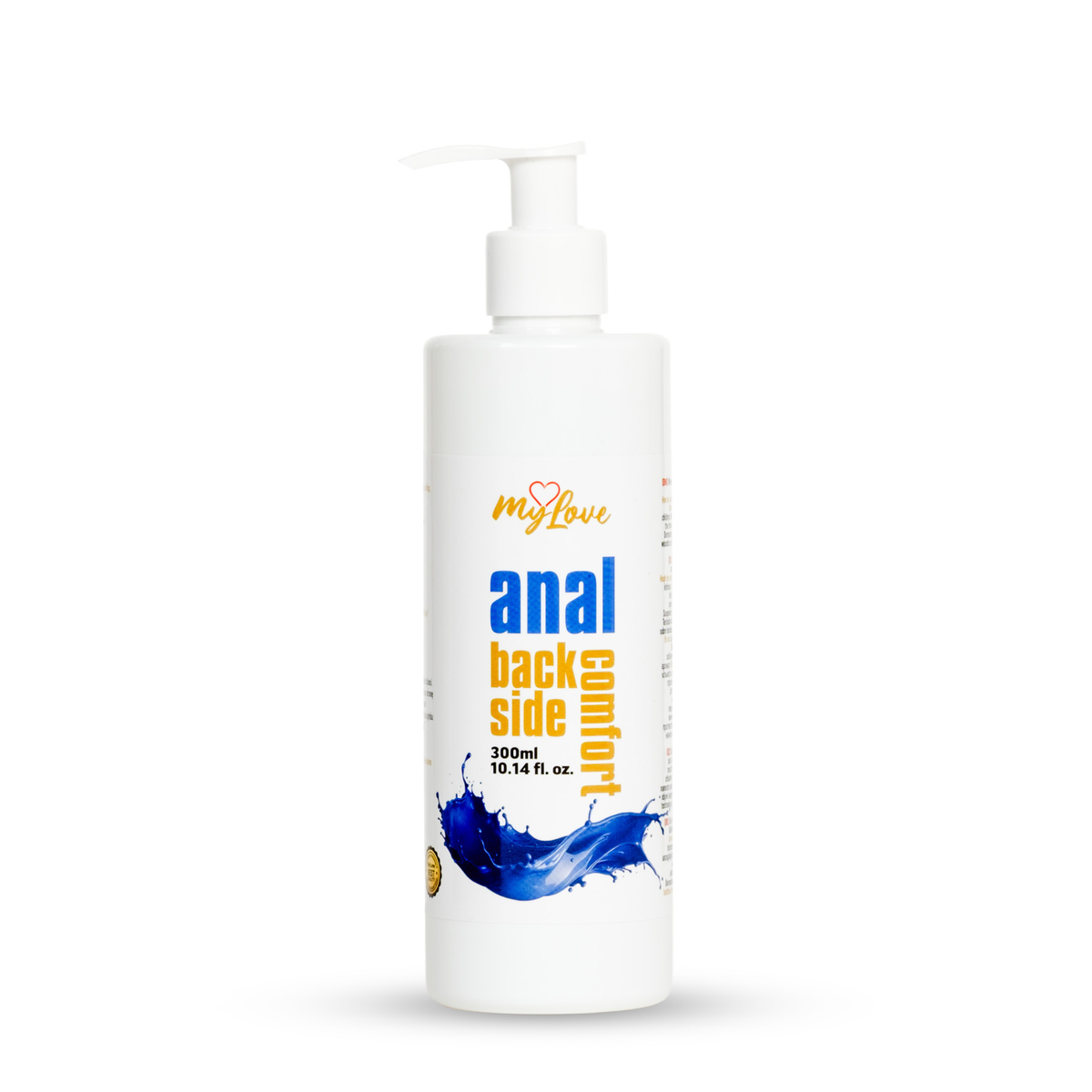 Front view of the 300 ml bottle of MyLove Anal Back Side Comfort gel equipped with a white pump top against a plain white backdrop.