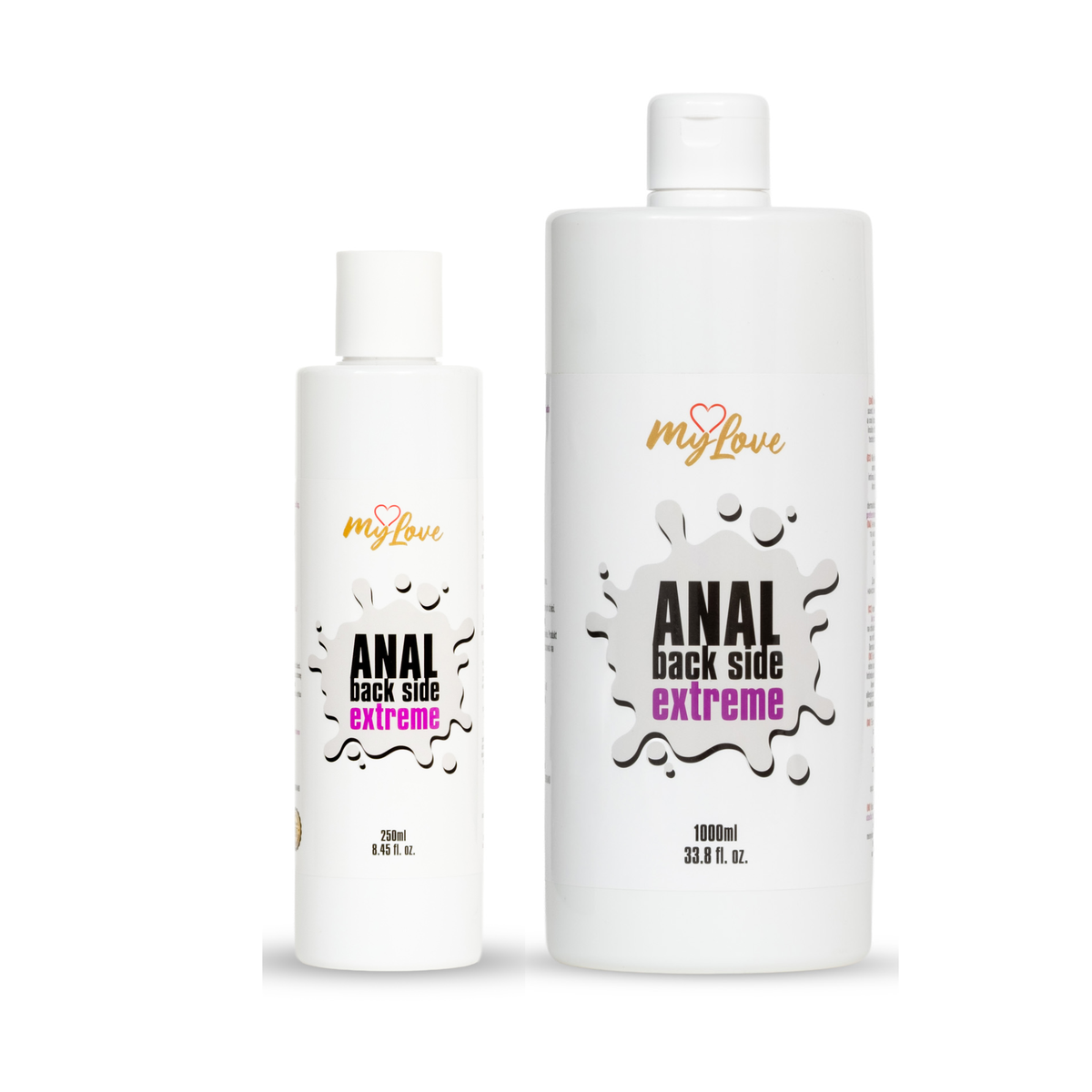 Two white bottles of MyLove Anal Back Side Extreme water-based gel stand side-by-side against a white background. The smaller 250 ml bottle is on the left, and the larger 1000 ml bottle is on the right, both featuring a white splash graphic and pink typography. Imagen principal del producto