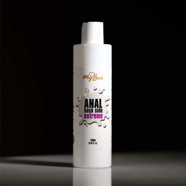 Front view of the 250 ml MyLove Anal Back Side Extreme bottle standing centered on a white surface against a solid black background.