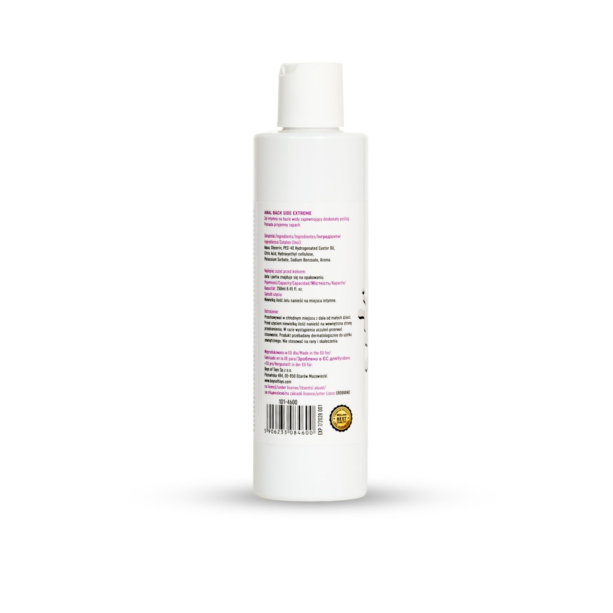Rear view of the 250 ml MyLove Anal Back Side Extreme bottle. The white label displays product details, ingredients, manufacturer information, and a barcode with a quality seal at the bottom.