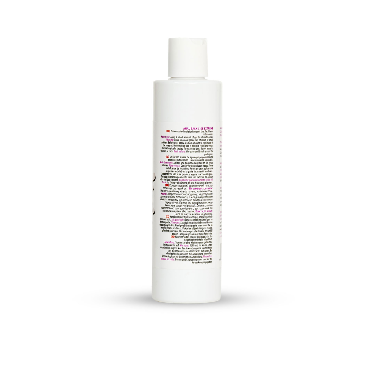 Side view of the 250 ml MyLove Anal Back Side Extreme bottle showing multilingual usage instructions and safety warnings printed in red and black text.