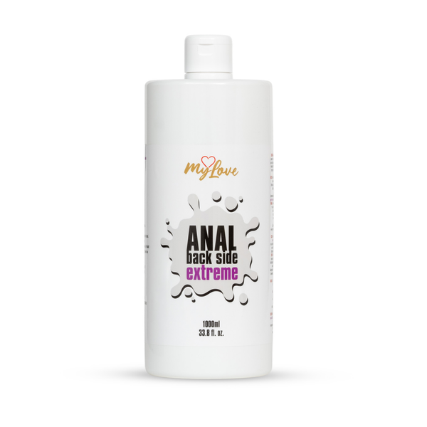 Front view of the large 1000 ml bottle of MyLove Anal Back Side Extreme water-based gel standing centered against a plain white backdrop.