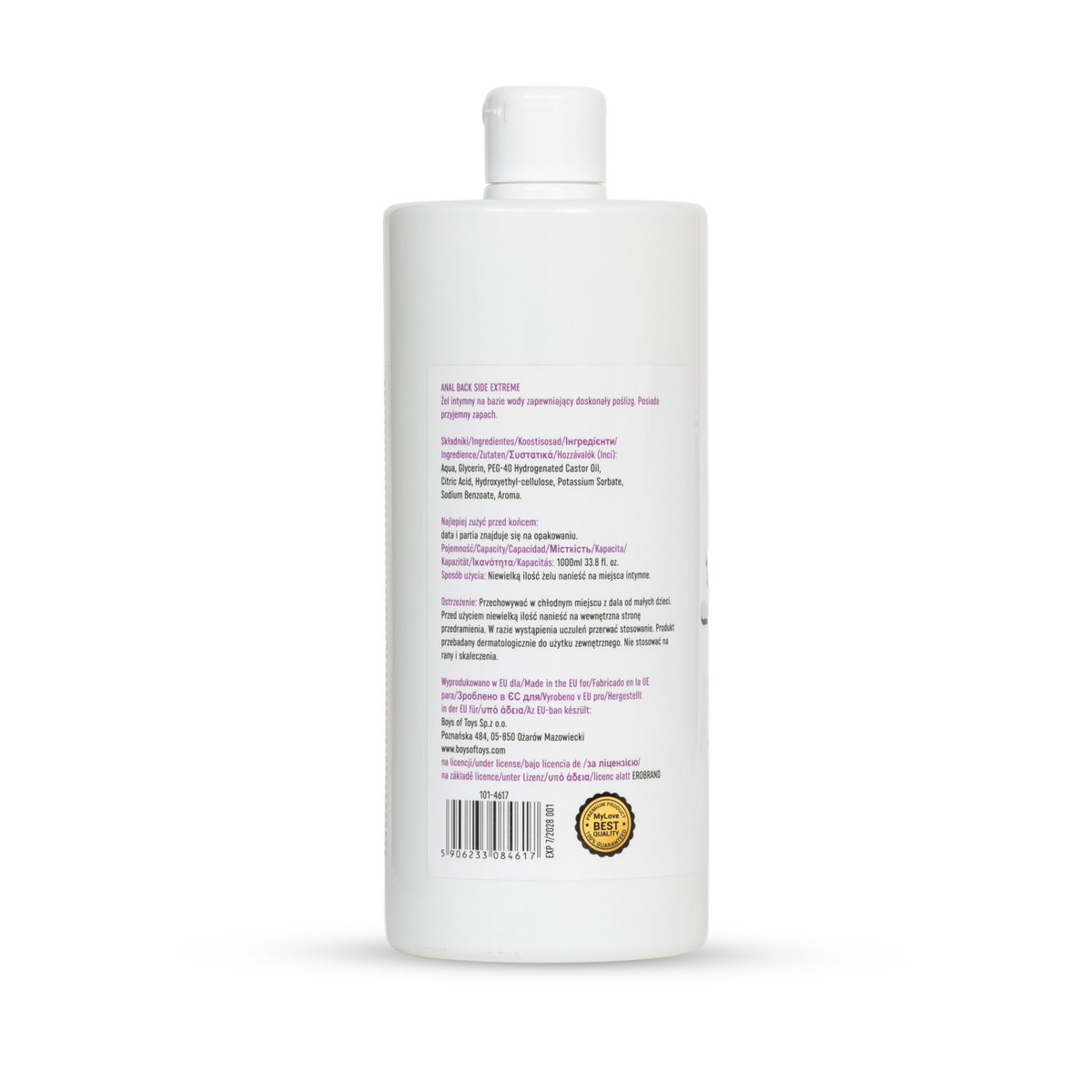 Rear view of the 1000 ml MyLove Anal Back Side Extreme bottle displaying product specifications, ingredients, manufacturer details, and a barcode with an expiration date stamp.