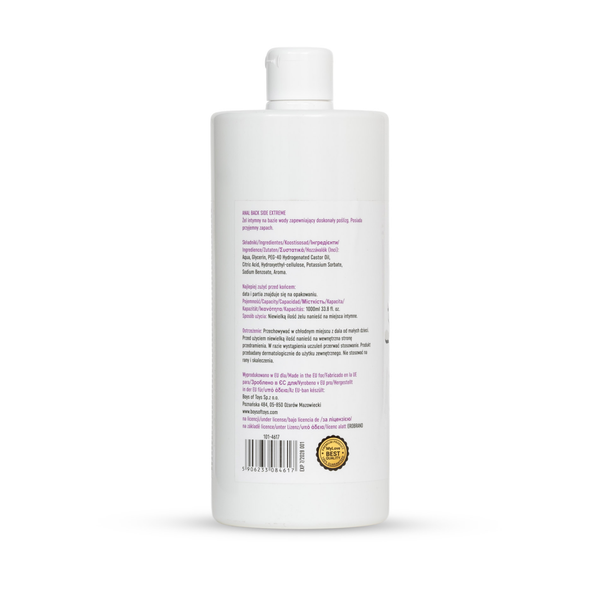 Rear view of the 1000 ml MyLove Anal Back Side Extreme bottle displaying product specifications, ingredients, manufacturer details, and a barcode with an expiration date stamp.