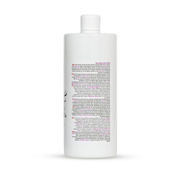 Side view of the 1000 ml MyLove Anal Back Side Extreme bottle featuring detailed usage directions and safety guidelines written in multiple languages.