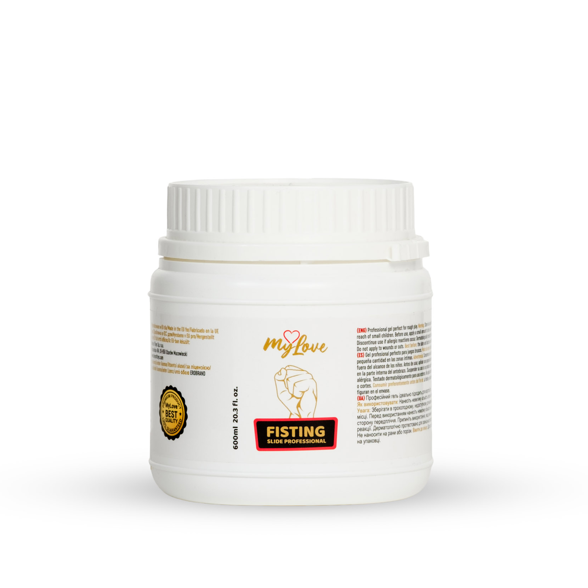 Front view of the 600 ml (20.3 fl oz) MyLove Fisting Slide Professional gel tub standing centered against a plain white backdrop. The label features a gold fist illustration above a red banner reading "FISTING SLIDE PROFESSIONAL." Imagen principal del producto