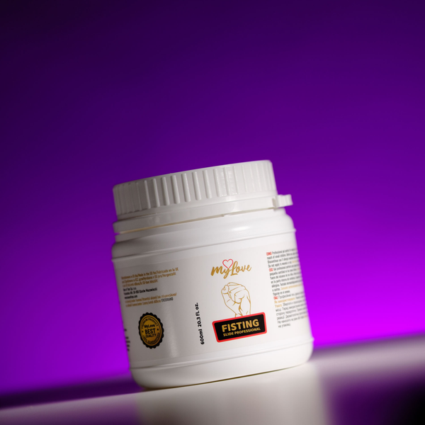 Front view of the 600 ml MyLove Fisting Slide Professional gel tub, angled slightly on a white surface against a vibrant purple backlit background.