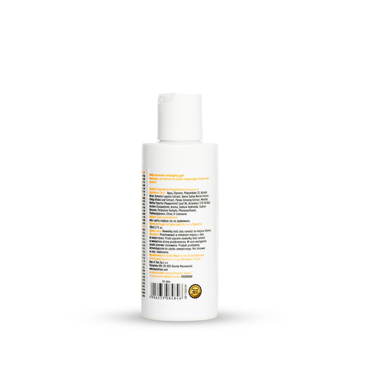 Rear view of the 150 ml MyLove Man Extreme Enlarging Med Gel bottle. The white label displays detailed ingredients, usage instructions, manufacturer details, and a barcode with a quality seal at the bottom.