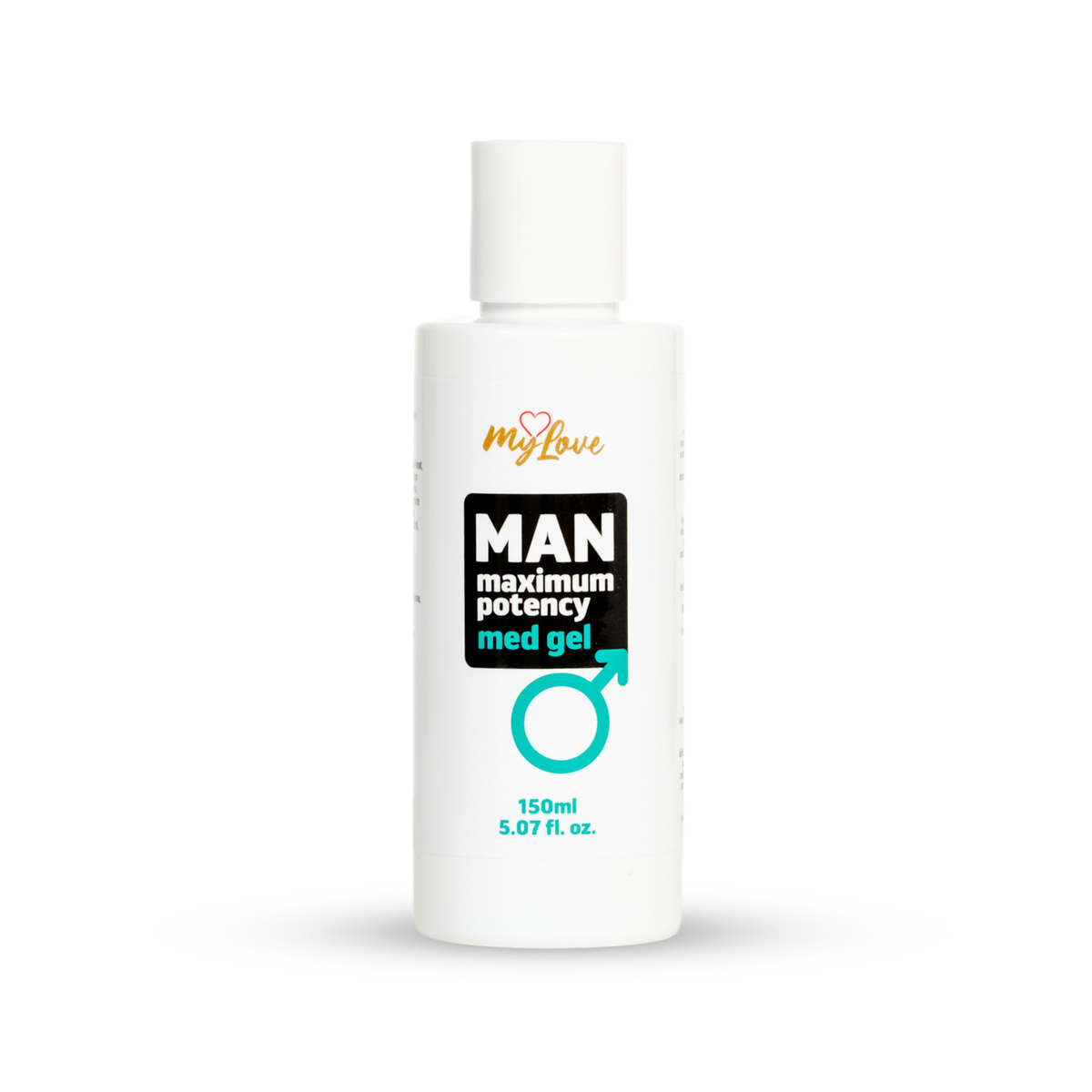 Front view of the 150 ml MyLove Man Maximum Potency Med Gel bottle standing centered against a plain white backdrop. The label features a black box layout and a teal male gender symbol. Imagen principal del producto