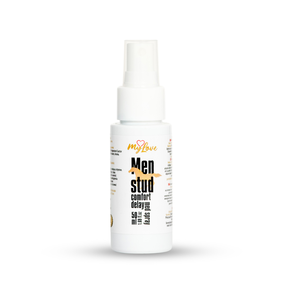 Front view of the 50 ml MyLove Men Stud Comfort Delay Med Spray bottle standing centered against a plain white backdrop. The label features a running horse/stud silhouette graphic underneath bold black typography. Imagen principal del producto