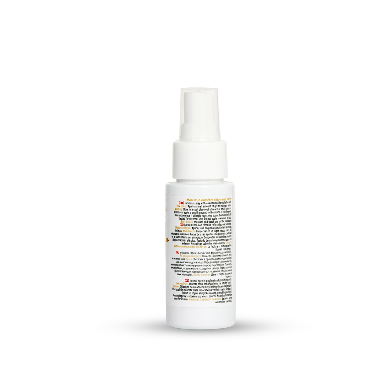 Rear-side view of the 50 ml MyLove Men Stud Comfort Delay Med Spray bottle showing multilingual usage directions and safety warnings printed on the white label.