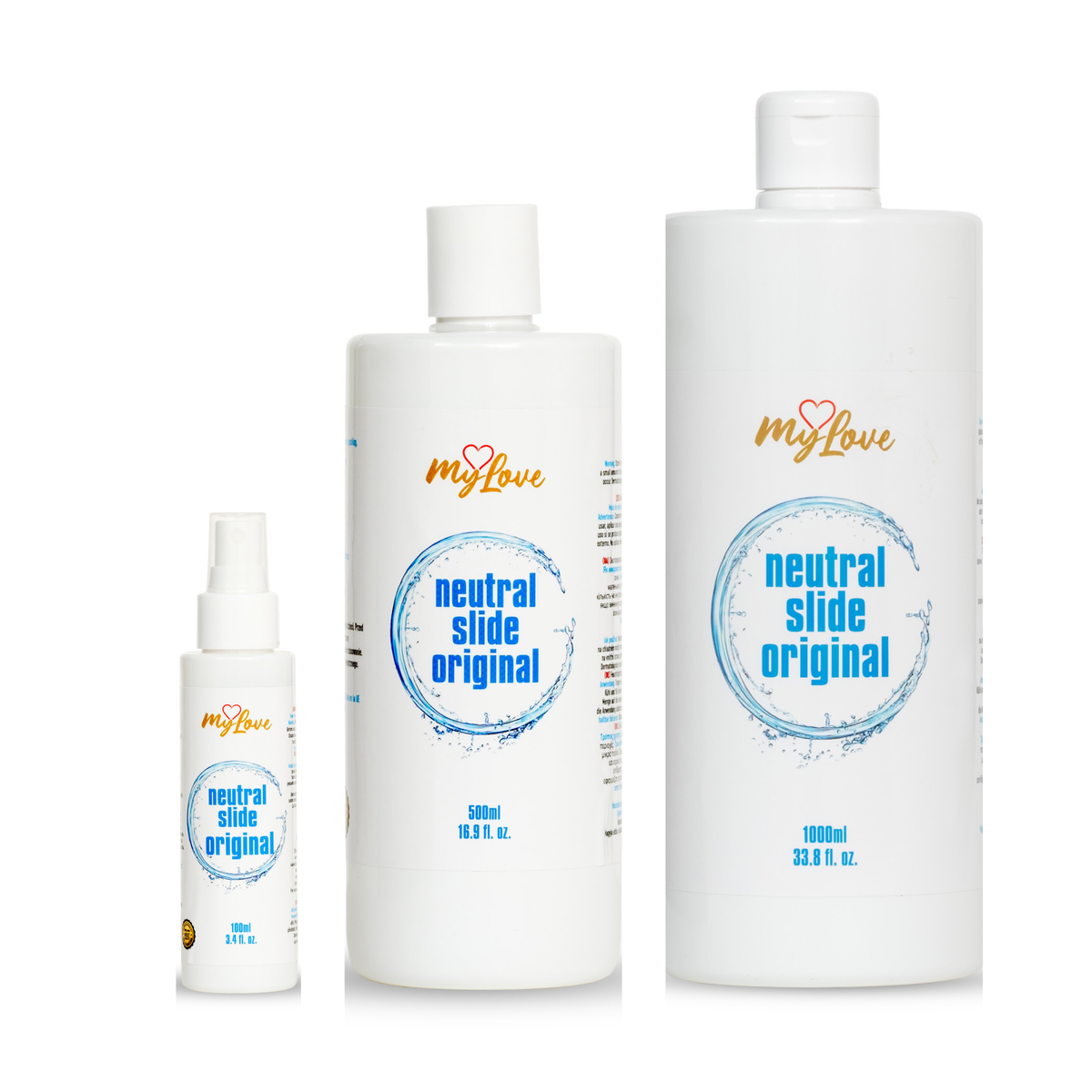 Three white bottles of MyLove Neutral Slide Original lubricant stand side-by-side in increasing size order from left to right: 100 ml spray, 500 ml, and 1000 ml. Each features a circular blue water splash design on the label. Imagen principal del producto