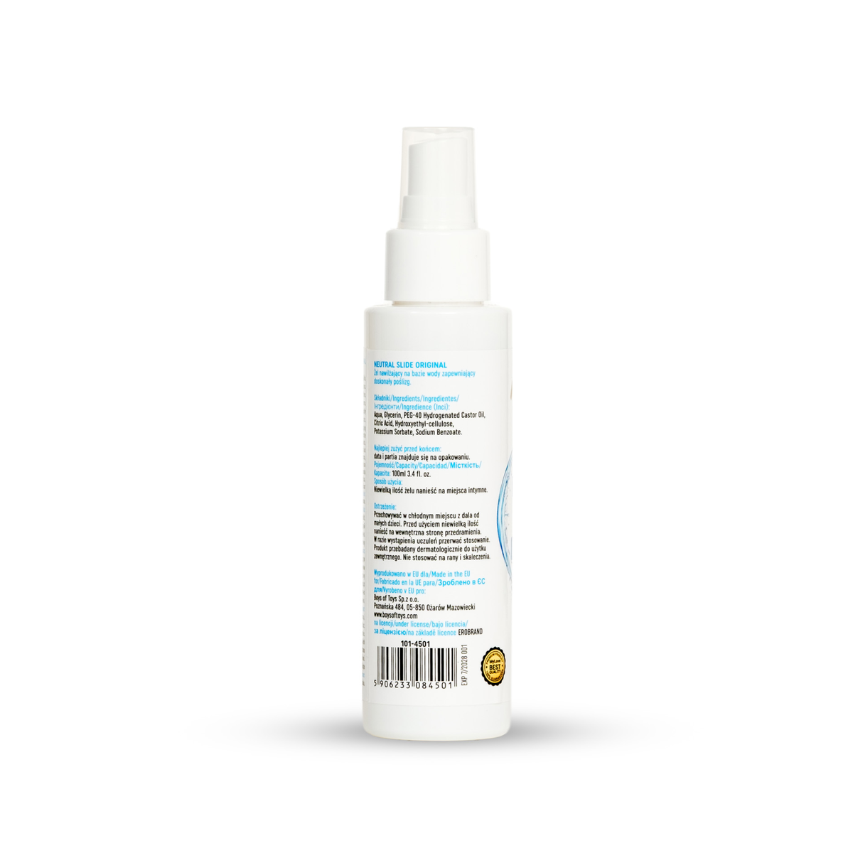 Rear view of the 100 ml MyLove Neutral Slide Original spray bottle displaying product ingredients, warnings, manufacturer details, and a barcode with a quality seal at the bottom.