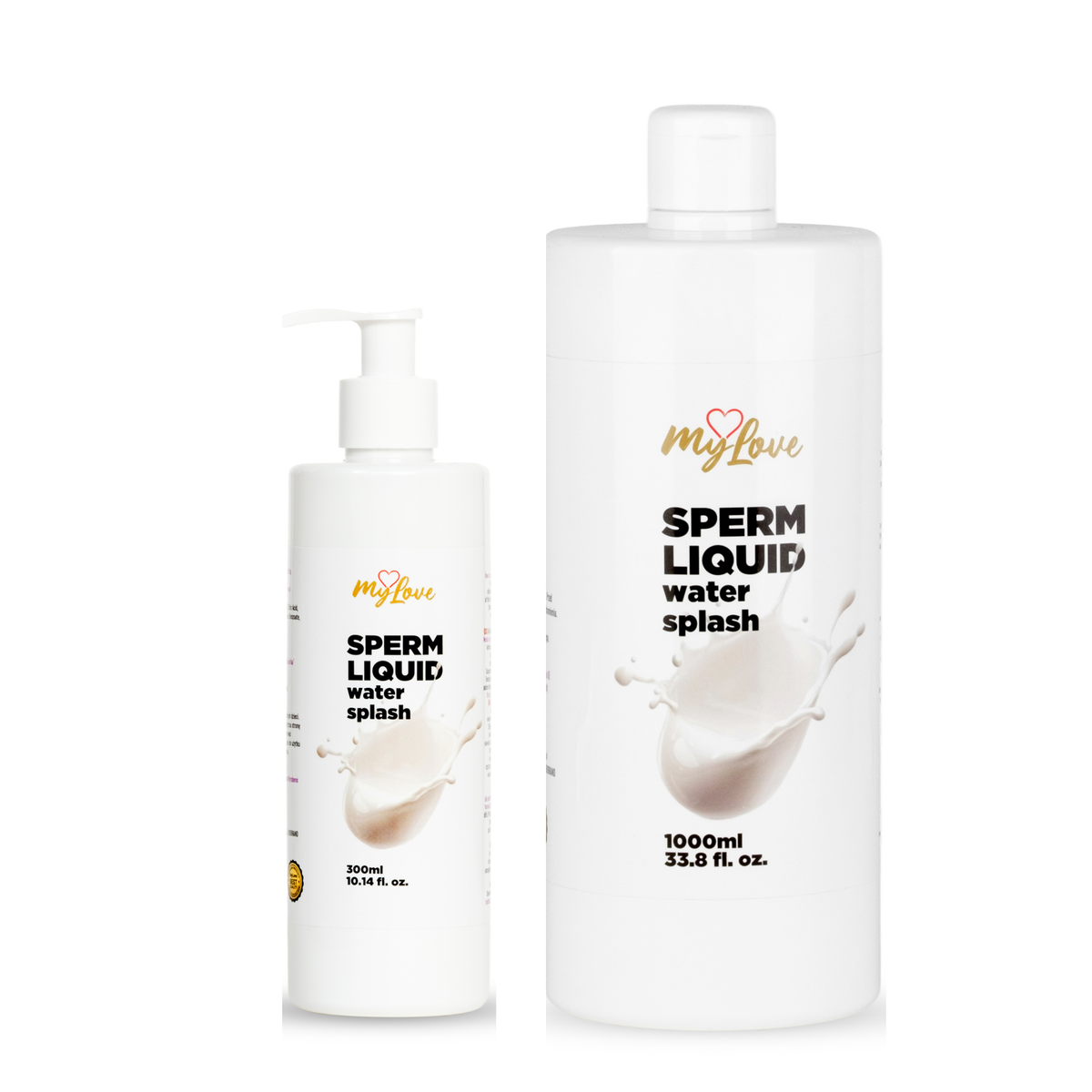 Two white bottles of MyLove Sperm Liquid Water Splash lubricant stand side-by-side against a white background, featuring the 300 ml pump bottle on the left and the 1000 ml bottle on the right. Imagen principal del producto
