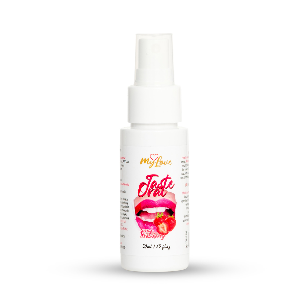 Front view of the 50 ml MyLove Taste Oral Spray in Strawberry flavor standing centered against a white backdrop. The label features a graphic of open red lips with strawberries below. Imagen principal del producto