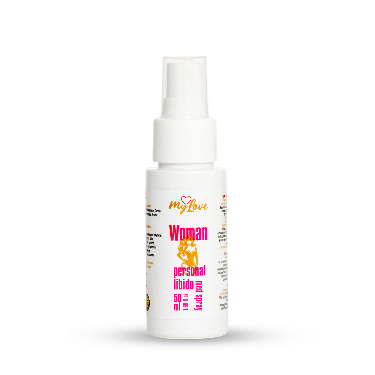 Front view of the 50 ml MyLove Woman Personal Libido Med Spray bottle standing centered against a plain white backdrop. The label features a gold woman graphic in a corset with bold pink typography. Imagen principal del producto