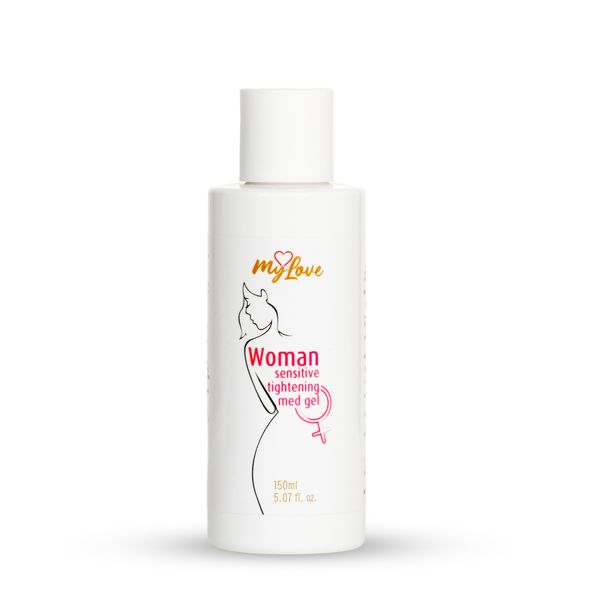 Front view of the 150 ml MyLove Woman Sensitive Tightening Med Gel bottle standing centered against a plain white backdrop. The bottle features a minimalist line drawing of a female silhouette and pink typography. Imagen principal del producto