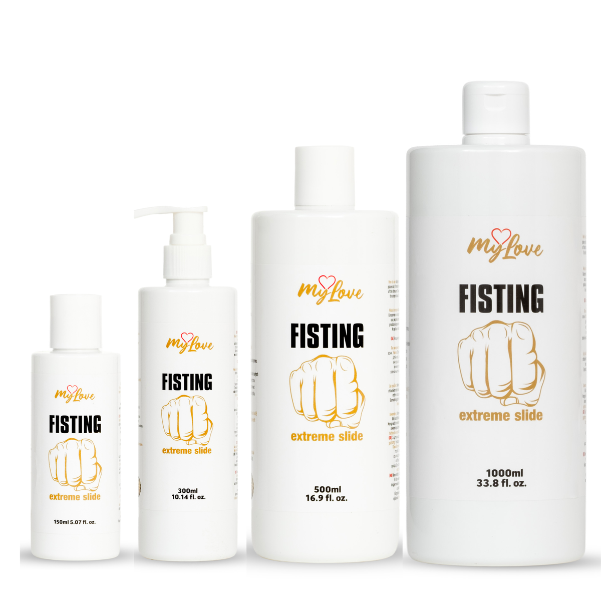 Four white bottles of MyLove Fisting Extreme Slide gel are arranged side-by-side in increasing size order from left to right: 150 ml, 300 ml, 500 ml, and 1000 ml. Each bottle features a gold fist illustration on the front.