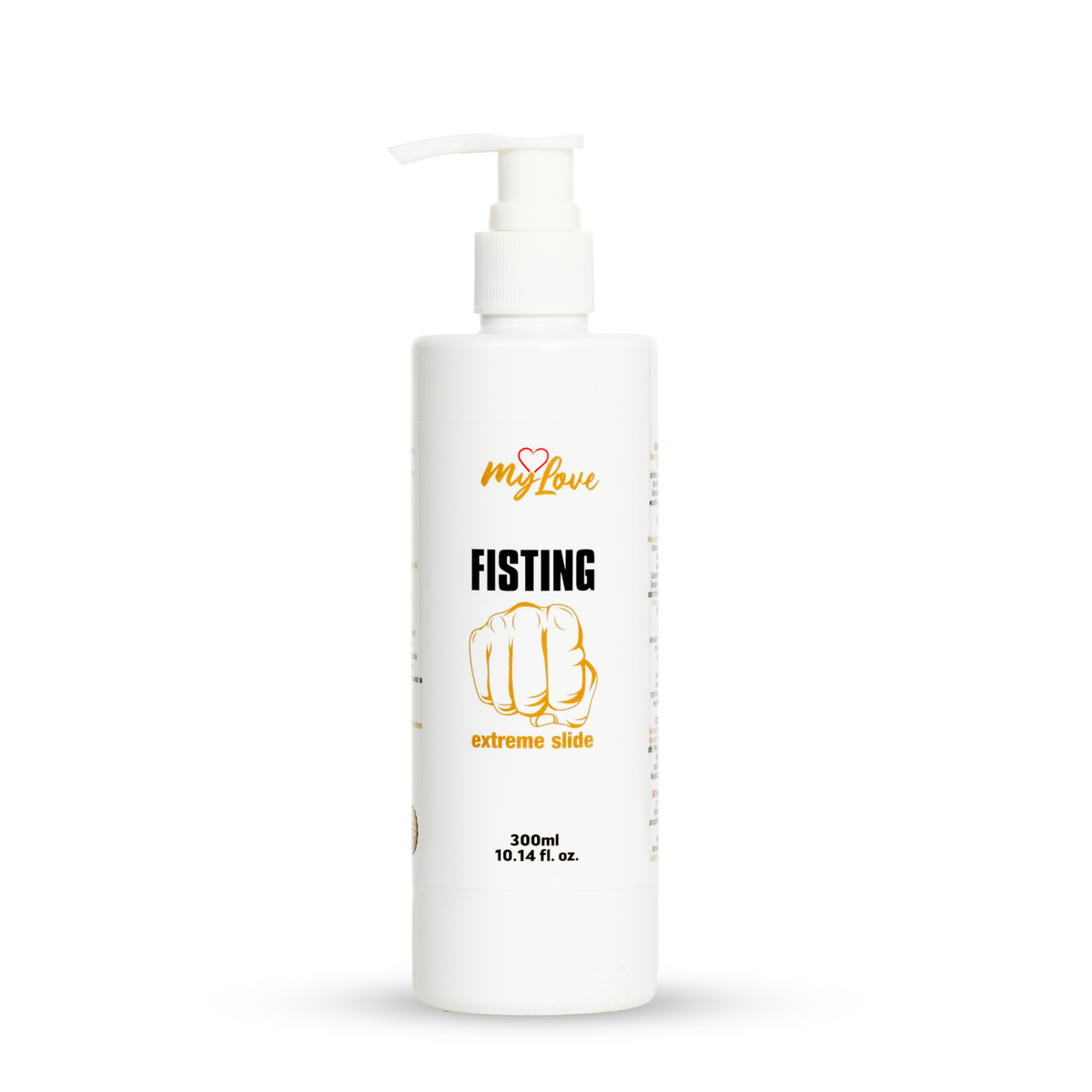 Front view of the 300 ml bottle of MyLove Fisting Extreme Slide gel equipped with a white pump top against a plain white backdrop.