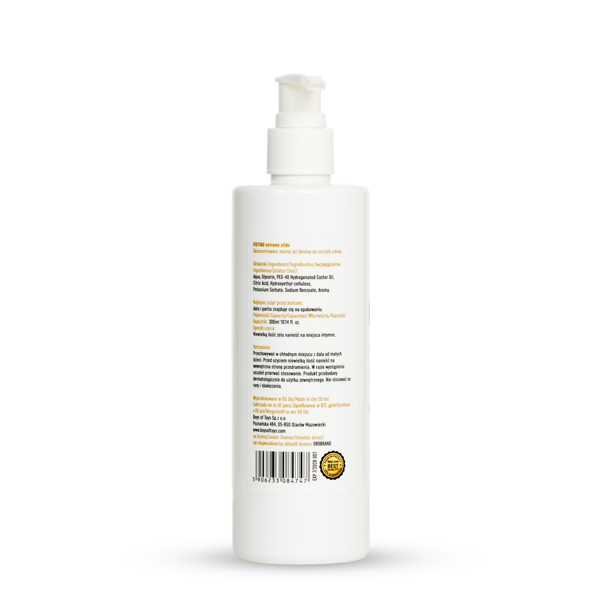 Rear view of the 300 ml MyLove Fisting Extreme Slide bottle with pump top, showing product details and a barcode with a quality seal at the bottom.