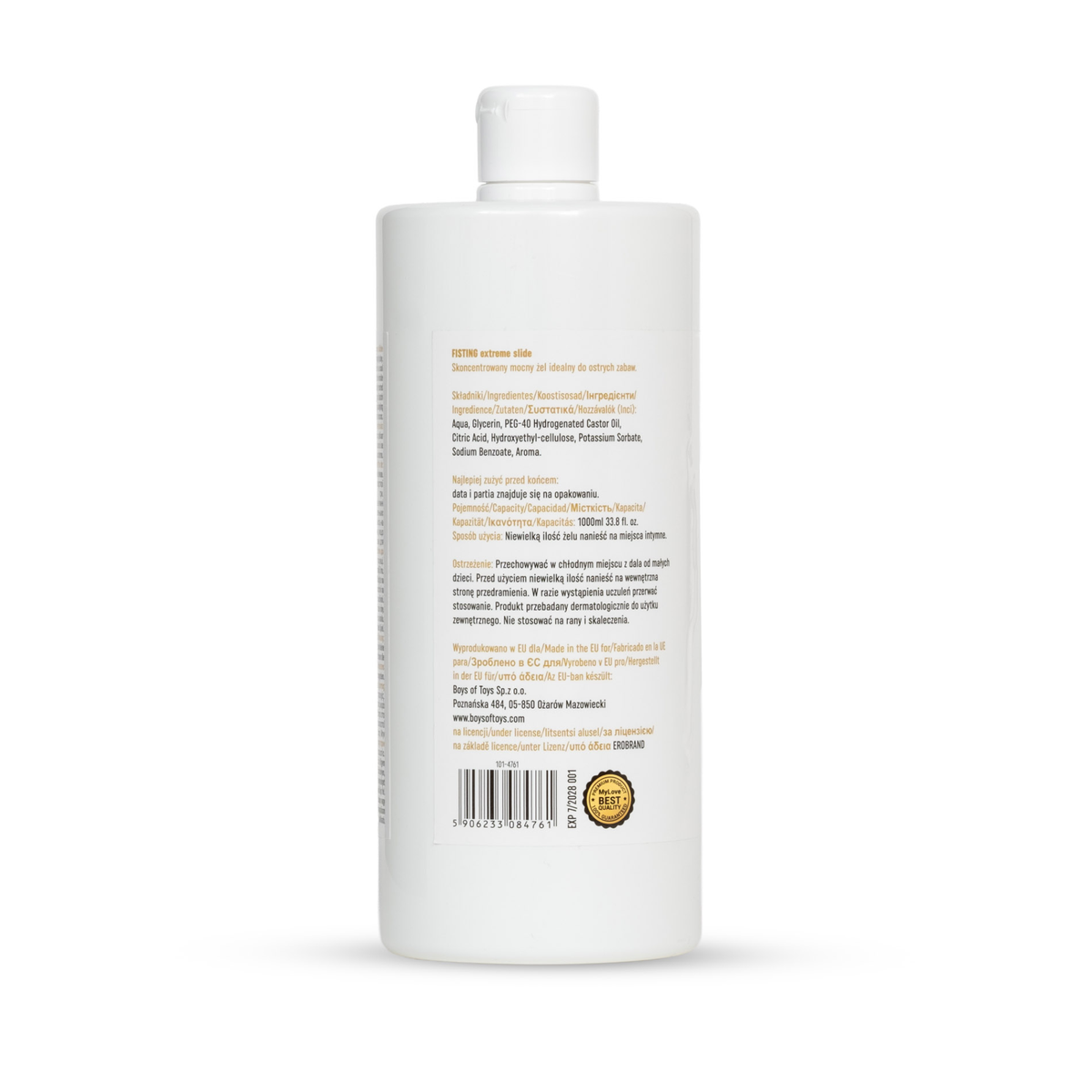 Rear view of the 1000 ml MyLove Fisting Extreme Slide bottle showing detailed product information and a barcode with a quality seal at the bottom.