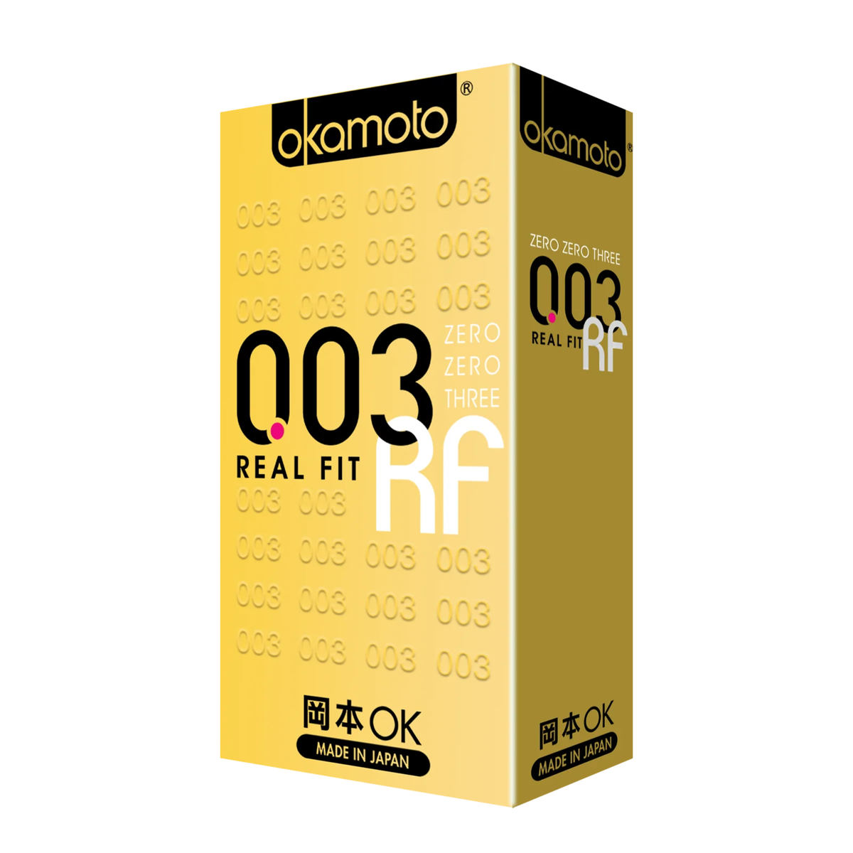 A front image of the Okamoto 003 Real Fit condom box of 10 pieces in a white background.  Imagen principal del producto