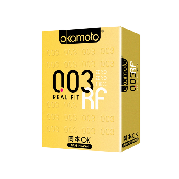A front image of the Okamoto 003 Real Fit condom box of 4 pieces in a white background. 