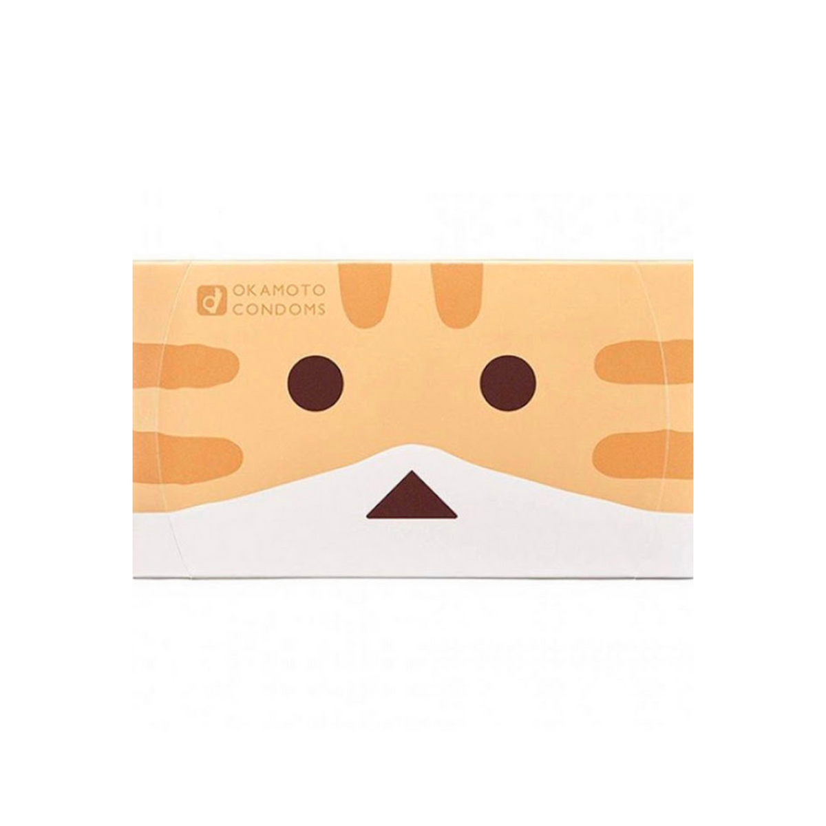 A light orange rectangular box of Okamoto condoms features a stylized cartoon cat face. It has darker orange stripes on the top, rounded black eyes, a brown triangular nose, and a white lower face and whiskers. The brand name "OKAMOTO CONDOMS" is printed in small orange letters on the upper left. The overall design is playful and eye-catching. Imagen principal del producto