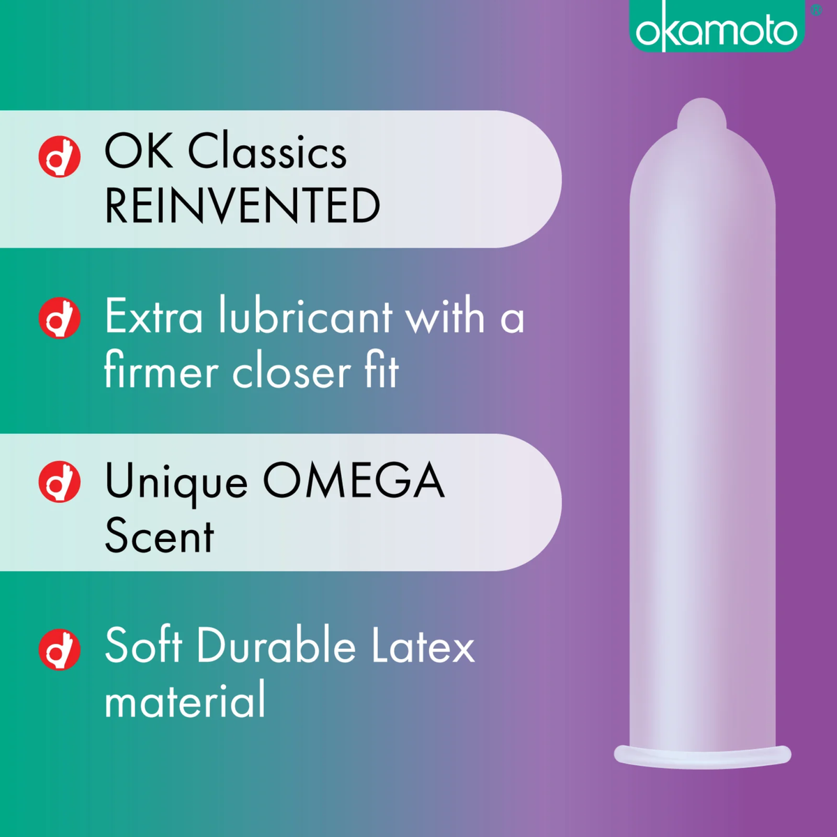 A graphic promoting Okamoto 'Smart Fit' condoms. The list highlights features: 'OK Classics REINVENTED', 'Extra lubricant with a firmer closer fit', 'Unique OMEGA Scent', and 'Soft Durable Latex material'. On the right is an illustration of a lubricated condom against a purple and green background.