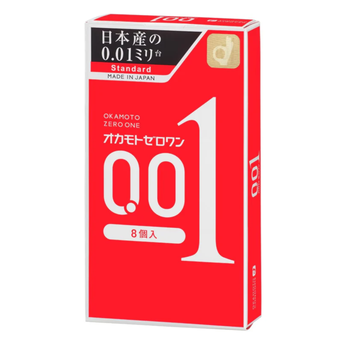 Front packaging shot of the red Okamoto Zero One 001 Standard 8-pack box highlighting its 0.01 mm ultra-thin classification and standard fit. Imagen principal del producto