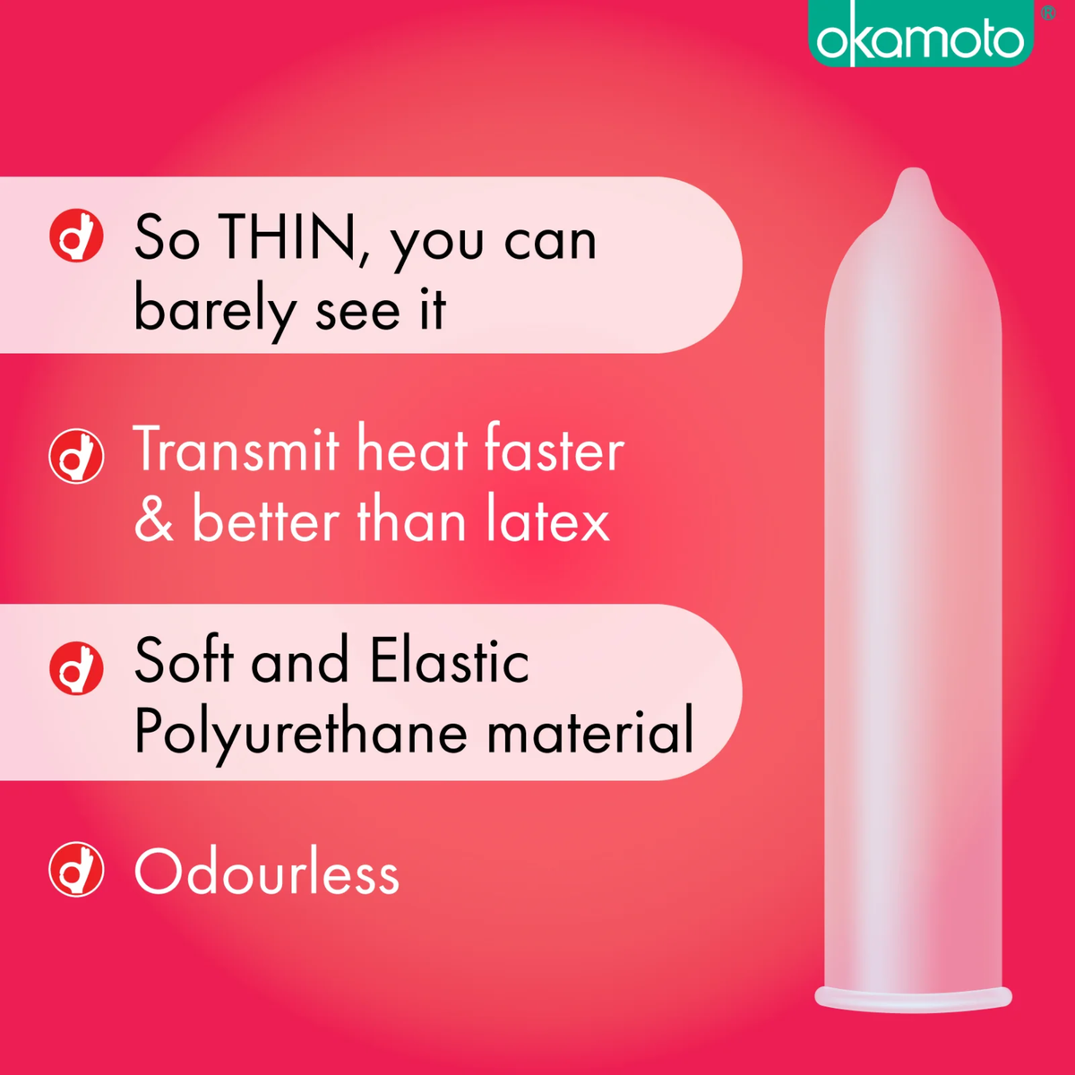 An image of Okamoto 001 condoms featuring a red background and an illustration of a translucent condom on the right. On the left, four bullet points highlight the product's features: "So THIN, you can barely see it," "Transmit heat faster & better than latex," "Soft and Elastic Polyurethane material," and "Odourless." 