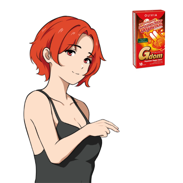 Anime-style illustration of a red-haired woman in a black tank top making a pointing gesture next to the red Olivia G-dom Orgasmic Finger Cover box artwork.
