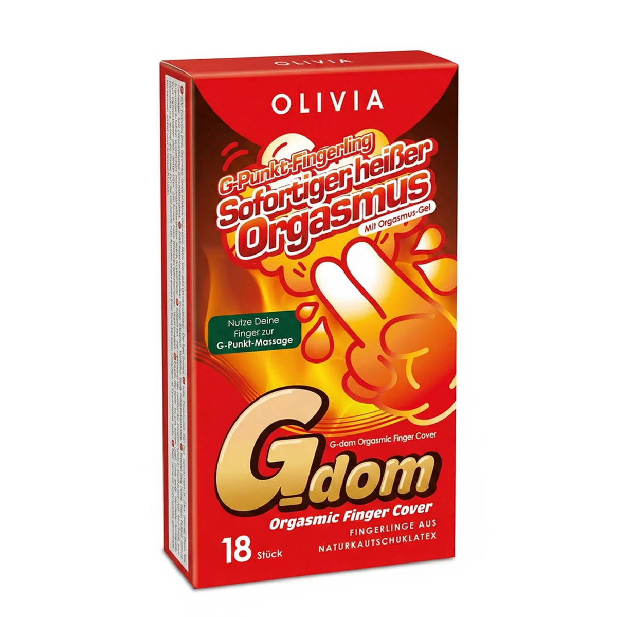 Studio product shot of the red Olivia G-dom Orgasmic Finger Cover 18-pack box standing upright at a three-quarter angle against a white background. Imagen principal del producto