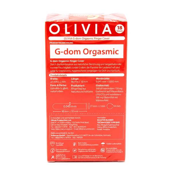 Rear view of the red Olivia G-dom Orgasmic Finger Cover 18-pack box, displaying product dimensions, material details, warming/silicone lube specs, and manufacturer contact details in German.