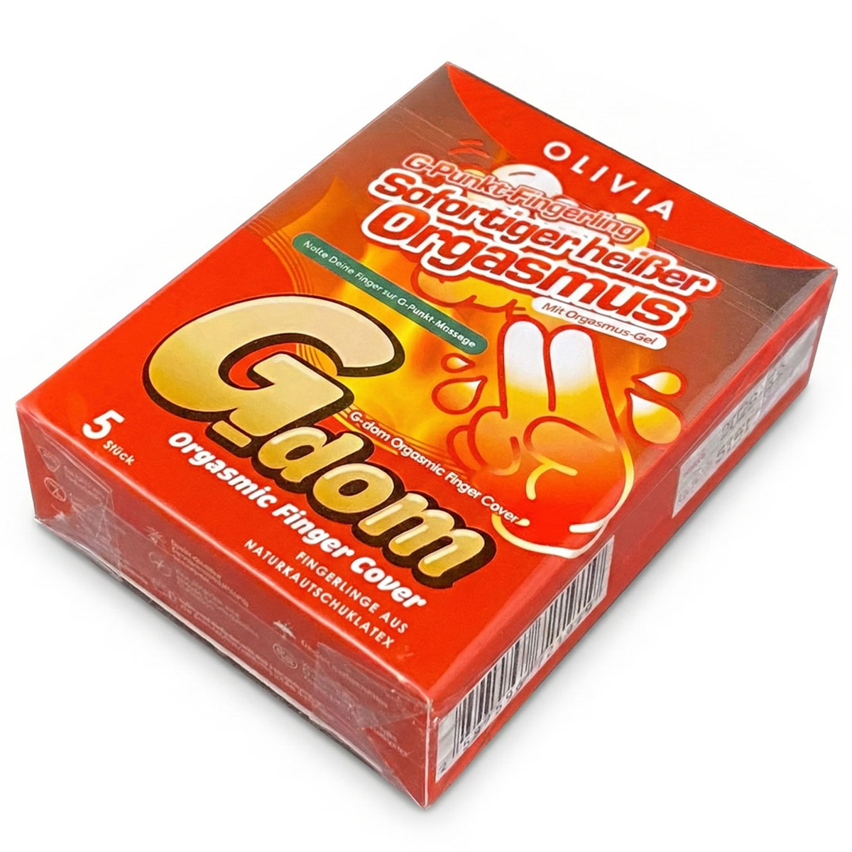 High-angle perspective shot of the plastic-wrapped red Olivia G-dom Orgasmic Finger Cover 5-pack box lying on a white surface.