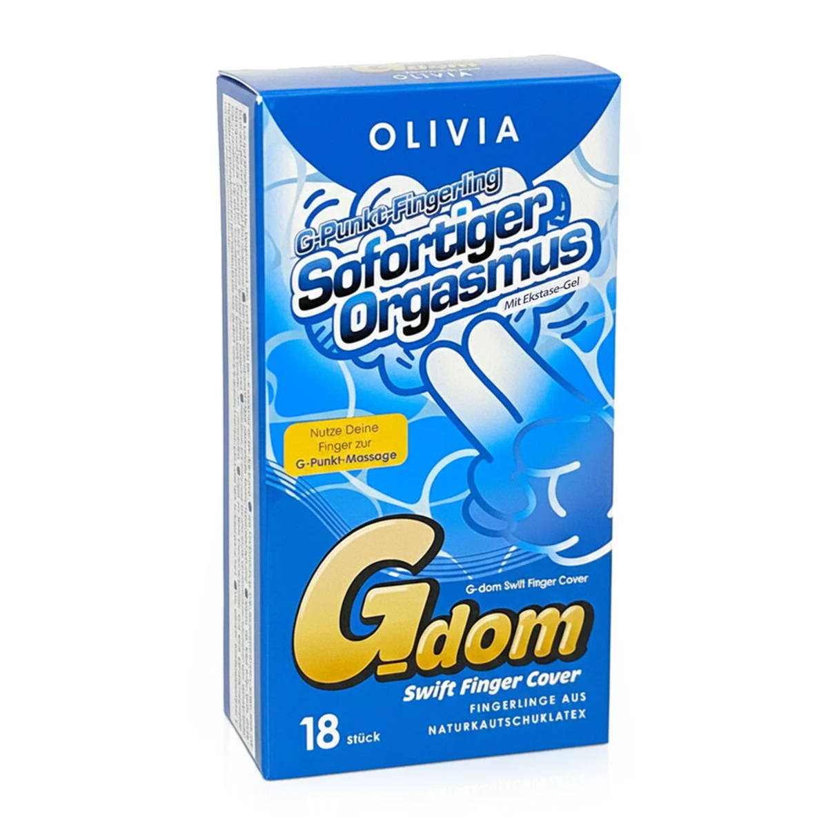Studio product shot of the blue Olivia G-dom Swift Finger Cover 18-pack box standing upright at a three-quarter angle against a plain white background. Imagen principal del producto