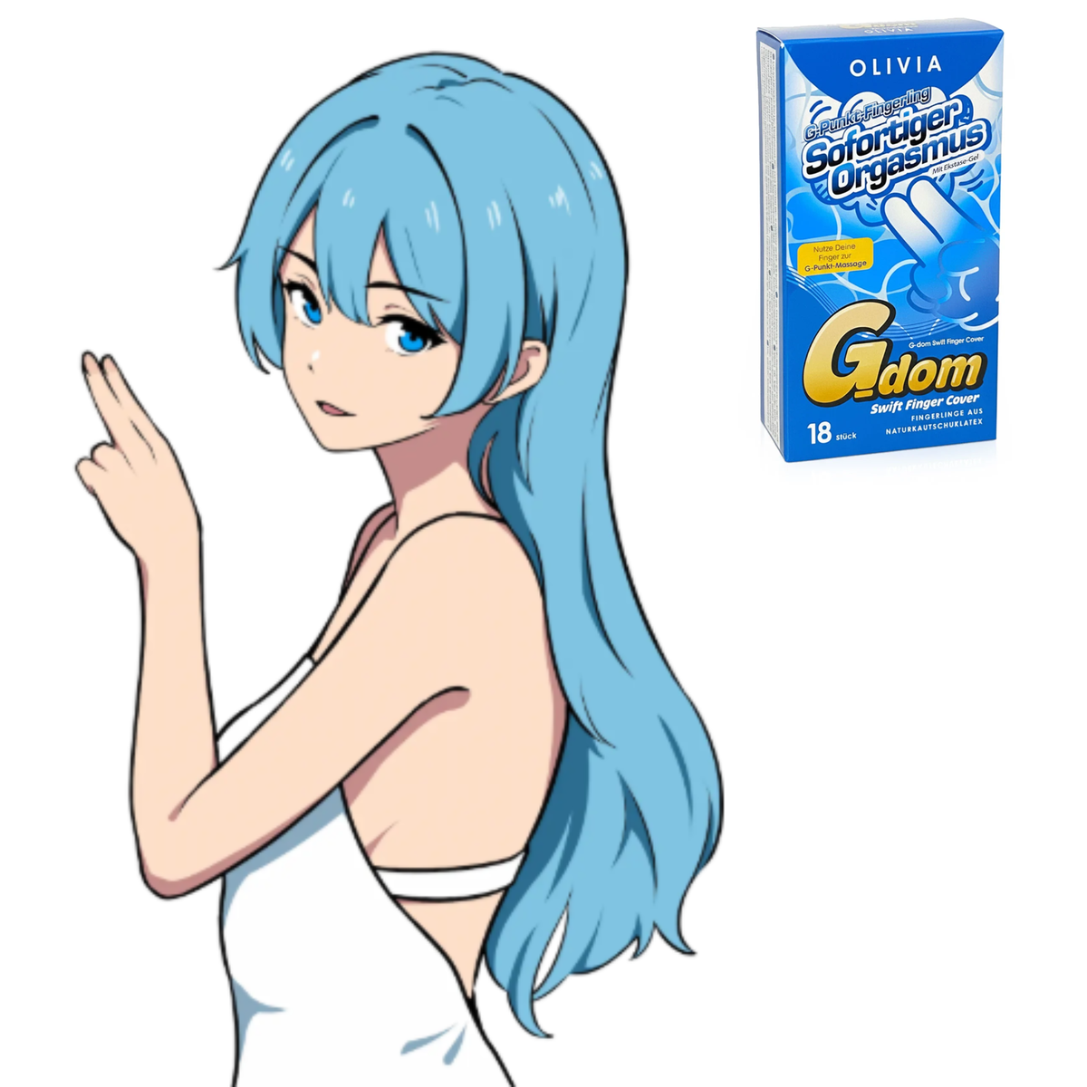 Anime-style illustration of a long, blue-haired girl in a white strap dress making a two-finger gesture next to the Olivia G-dom Swift Finger Cover 18-pack box artwork.