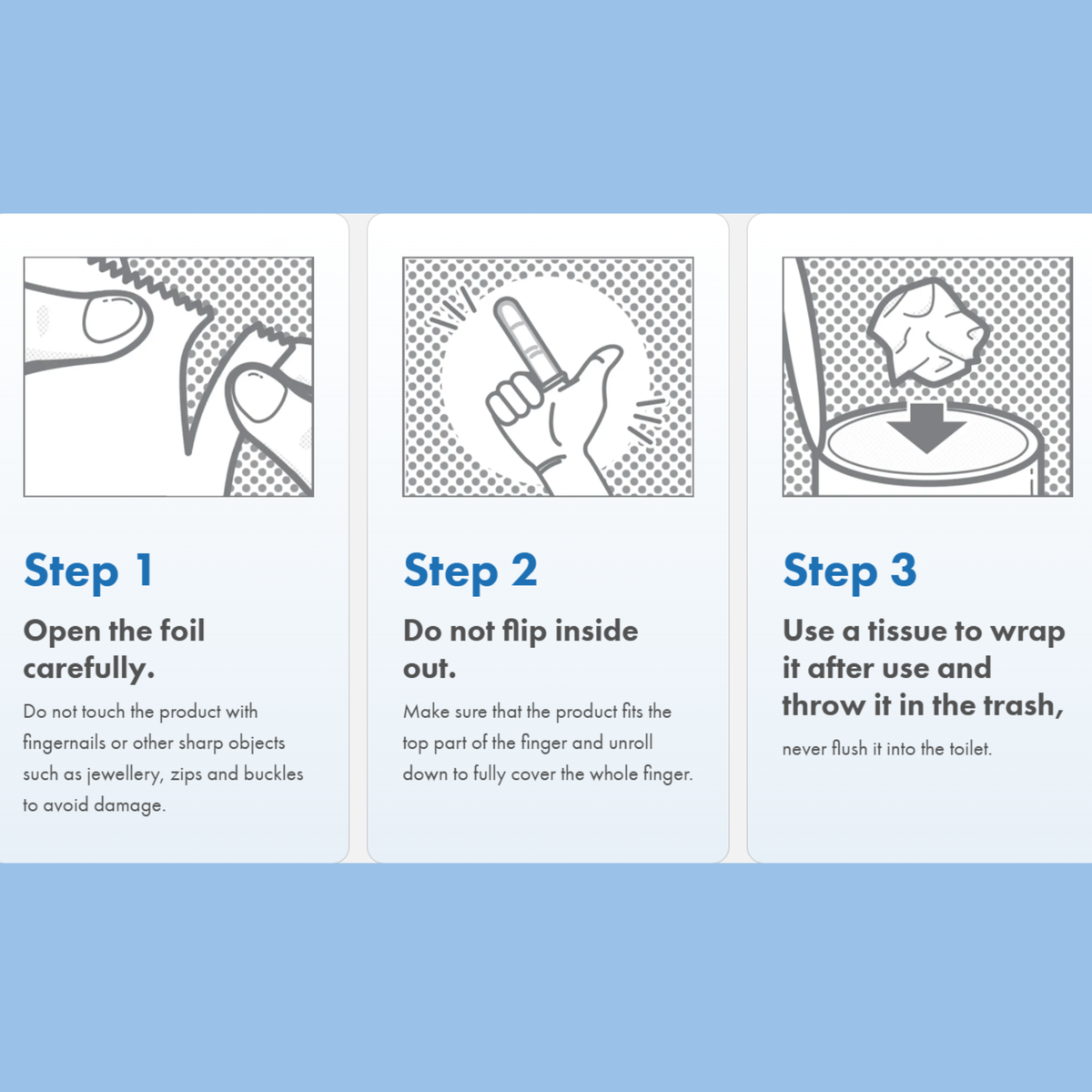 Three-step illustrated guide: Step 1 shows opening the foil carefully, Step 2 demonstrates unrolling the cover onto a finger without flipping it, and Step 3 shows wrapping and disposing of it in the trash.