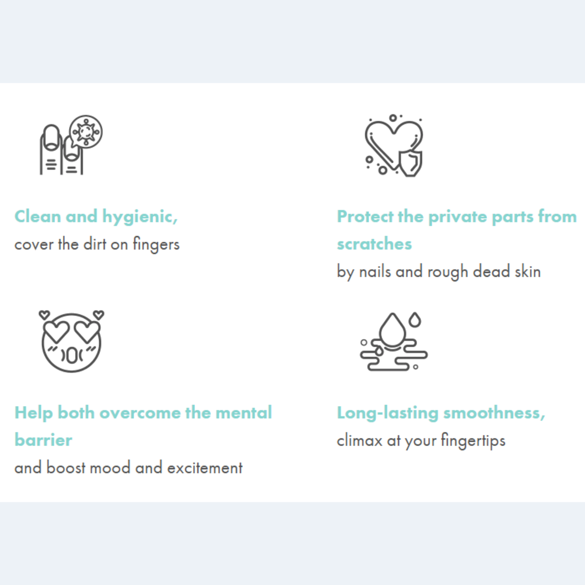 Feature infographic with icons highlighting key product benefits: clean and hygienic protection, scratch prevention from fingernails, mood enhancement, and long-lasting smoothness.