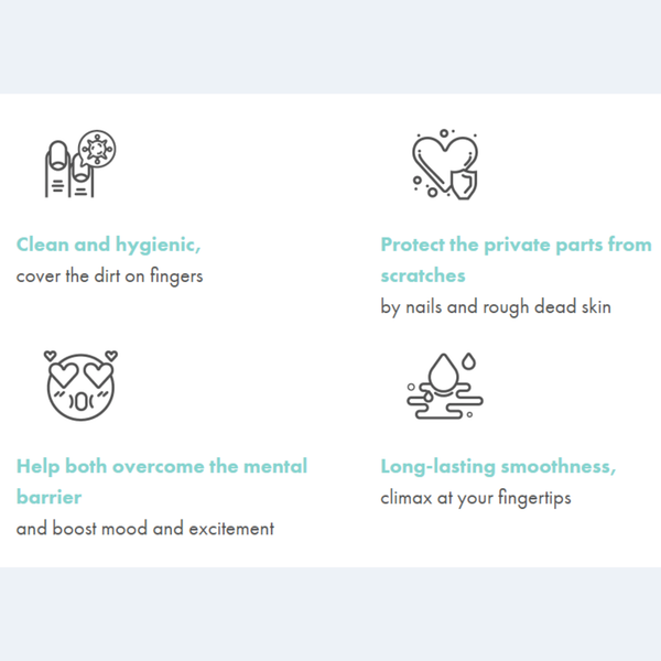 Feature infographic with icons highlighting key product benefits: clean and hygienic protection, scratch prevention from fingernails, mood enhancement, and long-lasting smoothness.
