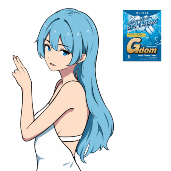Anime-style illustration of a blue-haired girl in a white strap dress making a two-finger gesture next to the Olivia G-dom Swift Finger Cover package artwork.
