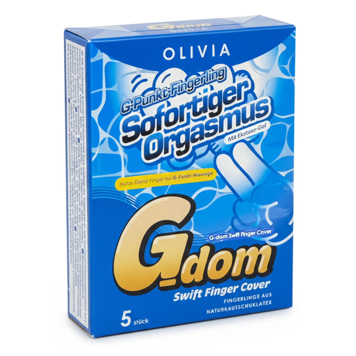 Clean studio shot of the blue Olivia G-dom Swift Finger Cover 5-pack box standing upright at a three-quarter angle against a white background. Imagen principal del producto