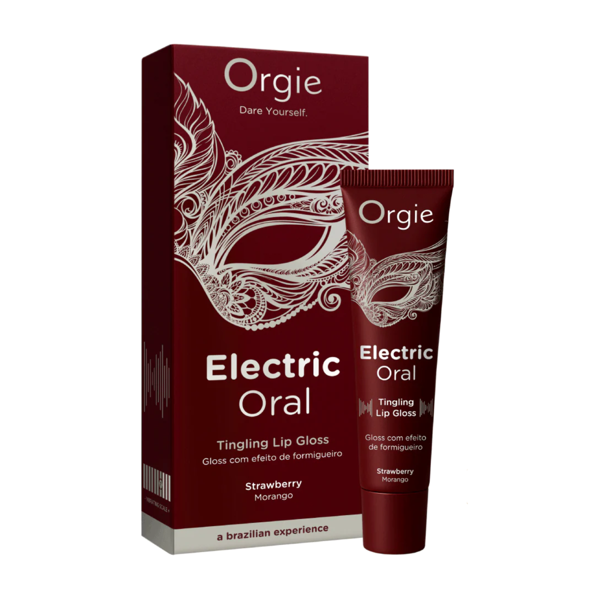 A product shot featuring a maroon box and a matching squeeze tube of Orgie brand "Electric Oral" Tingling Lip Gloss. The packaging is decorated with an intricate, white Venetian-style masquerade mask design. The text on both the box and the tube reads "Electric Oral Tingling Lip Gloss" in English, followed by "Gloss com efeito de formigueiro" in Portuguese, and denotes the flavor as "Strawberry / Morango." The bottom of the box includes the tagline "a brazilian experience." Imagen principal del producto