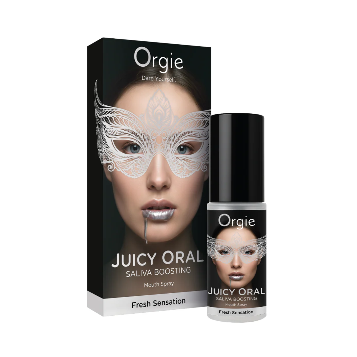 A box and bottle for Orgie Juicy Oral Saliva Boosting Mouth Spray. The packaging features a woman's face wearing an intricate white lace mask, with metallic silver liquid on her lips. The text reads "Fresh Sensation" at the bottom against a clean black and white design. Imagen principal del producto