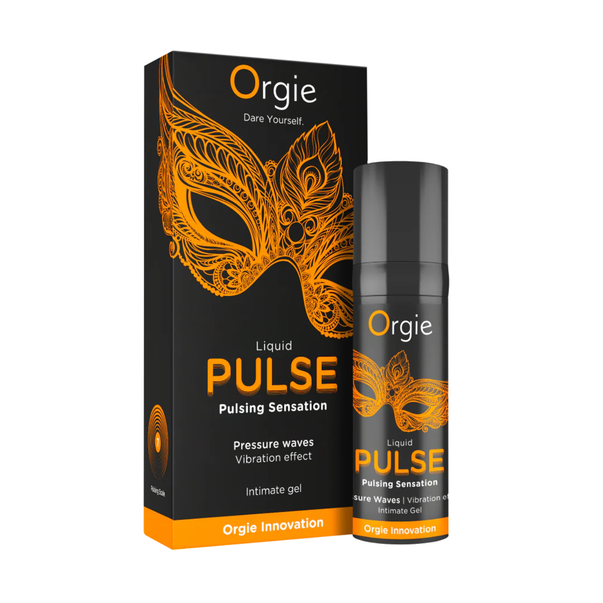 A box and pump bottle for Orgie Liquid Pulse Pulsing Sensation Gel. The design is matte black with a large, ornate orange lace masquerade mask. Text on the box highlights "Pressure waves" and "Vibration effect," labeling it as an "Intimate gel" and part of the "Orgie Innovation" line. Imagen principal del producto