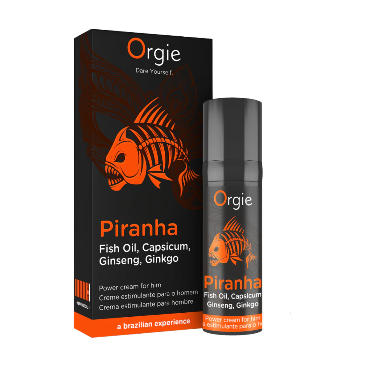 A product box and spray bottle for Orgie Piranha Power Cream for Him. The packaging is matte black with vibrant orange accents and features a stylized orange piranha skeleton logo. The text lists key ingredients: Fish Oil, Capsicum, Ginseng, and Ginkgo, with the tagline "a Brazilian experience. Imagen principal del producto