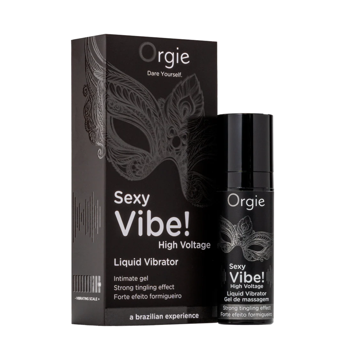 A black box and a small black pump bottle of Orgie Sexy Vibe! High Voltage Liquid Vibrator Gel, both featuring a gray/silver Venetian mask design and text indicating a 'strong tingling effect.'