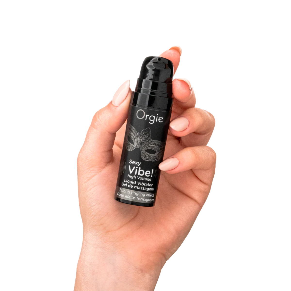 A person's hand with light pink nails holding the small black pump bottle of Orgie Sexy Vibe! High Voltage Liquid Vibrator Gel.